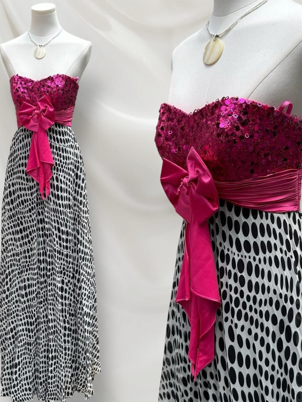 Strapless Sequin Bodice Polka Dot Maxi Dress with Fuchsia Bow